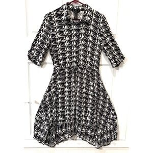 Millenium Black White Geometric Button Front Dress Size M Asymmetrical Hem EUC!!